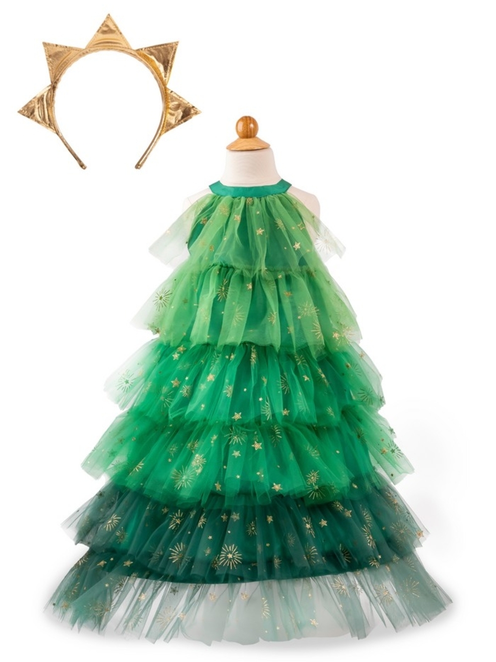 Christmas Tree Green Layered Tulle Kids Costume Dress with Gold Star Headband